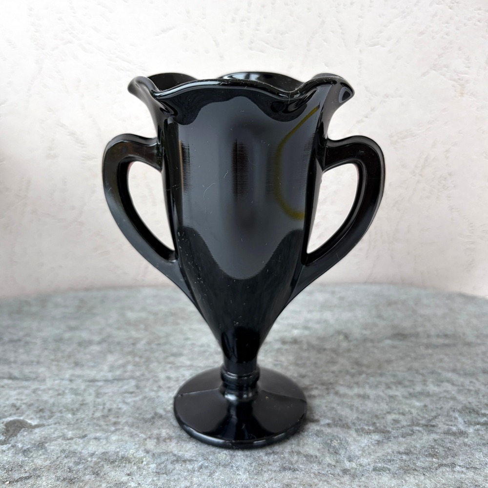 Vintage Black Amethyst Glass Trophy Vase Double Handled Ruffled Pedestal Urn 6in